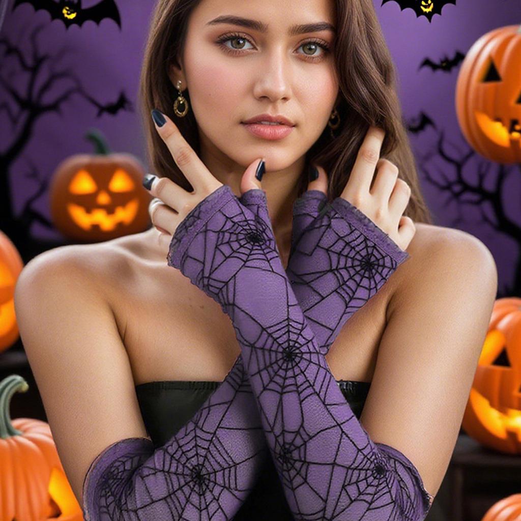Spiderweb Patterned Long Stretchable Mesh Gloves for Halloween Costume Parties and Cosplay Event