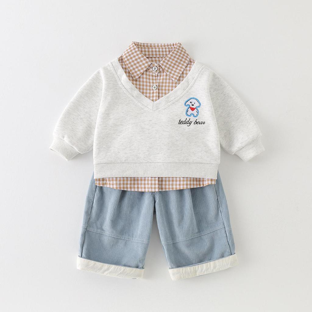 2026 New Boys' and Girls' Plaid Patchwork Two-Piece Hoodie Set for Spring and Autumn
