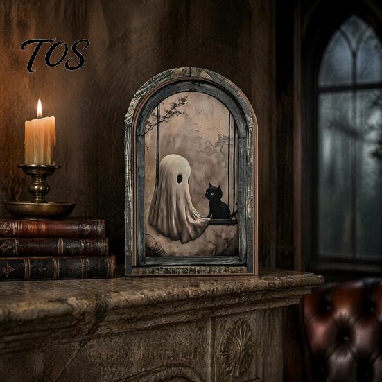 Solid Wood Picture Frame Halloween Vintage Arch Wooden Sign, Gothic Spooky Ghost Wall Hanging Decor Dark Academia with Bracket, Rustic Aesthetic Home