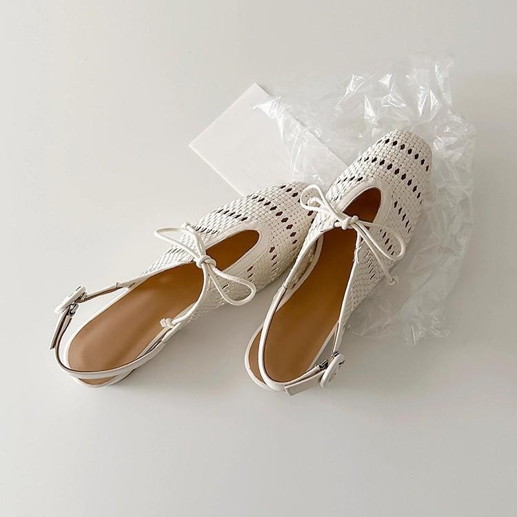 Sheepskin version~ woven hollow outer wear holiday shoes women's bow with buckle back empty sandals