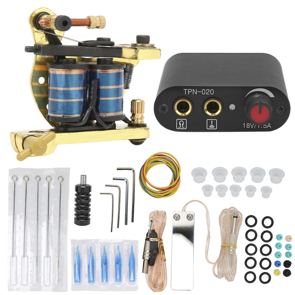 Coil Tattoo Machine Set Power Supply Clip Cord Foot Pedal Needle Grommet Novice Tattoo Kit