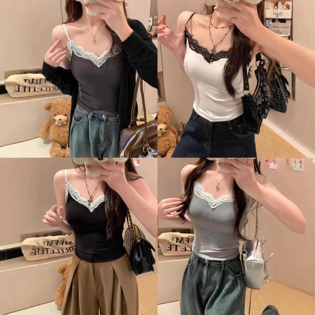 Graues Spitzen-Slim-Fit-Camisole mit eingebauten BH-Polstern - Damen Sommer Ärmelloses Top