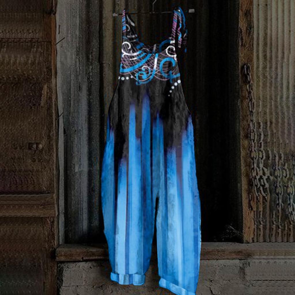 Kombinezon damski z nadrukiem, luźny, w stylu vintage, na ramiączkach, z bawełny i lnu