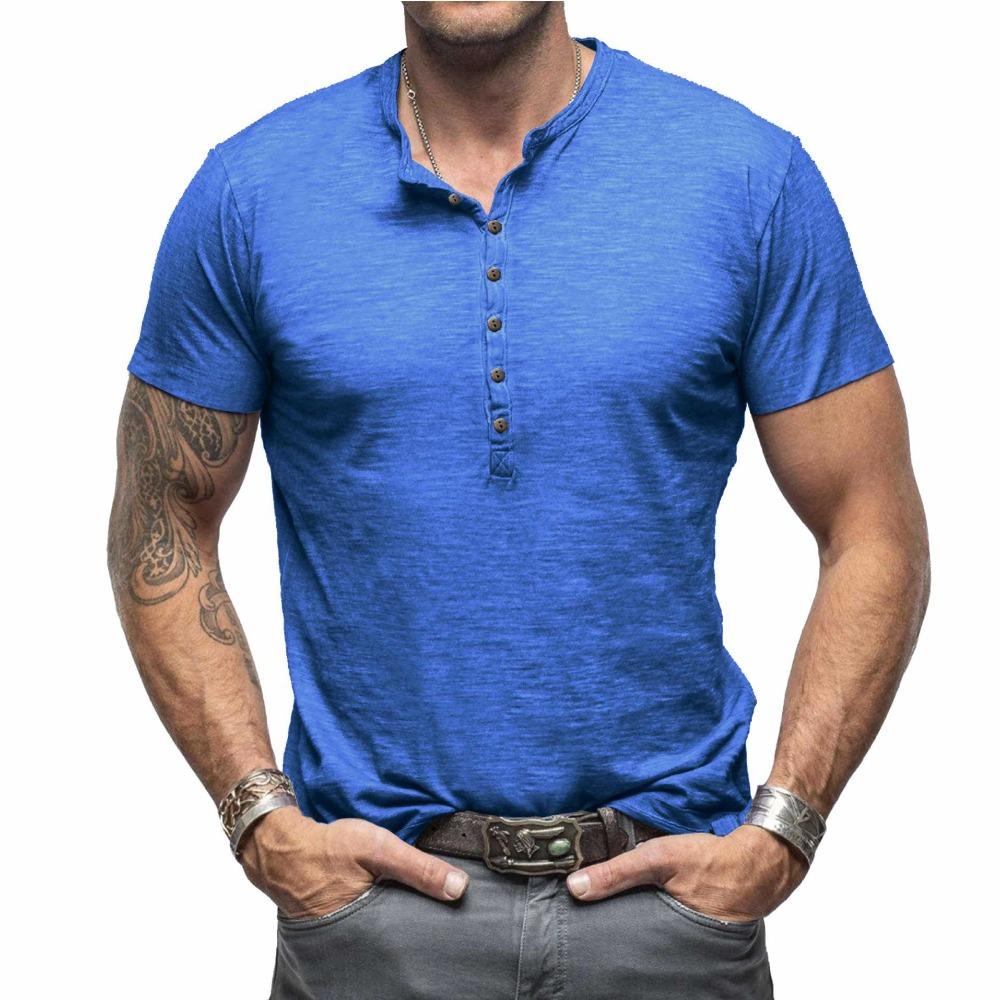Summer Men’s Casual Tops: Classic Men’s Henley-style Short-sleeved T-shirt with A Stand-up Collar