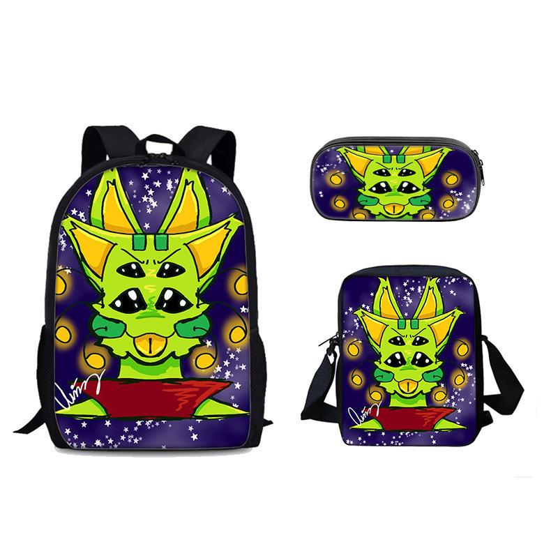 Groene kat Regretevator Gnarpy driedelig set rugzak cartoon basisschool rugzak schoudertas etui