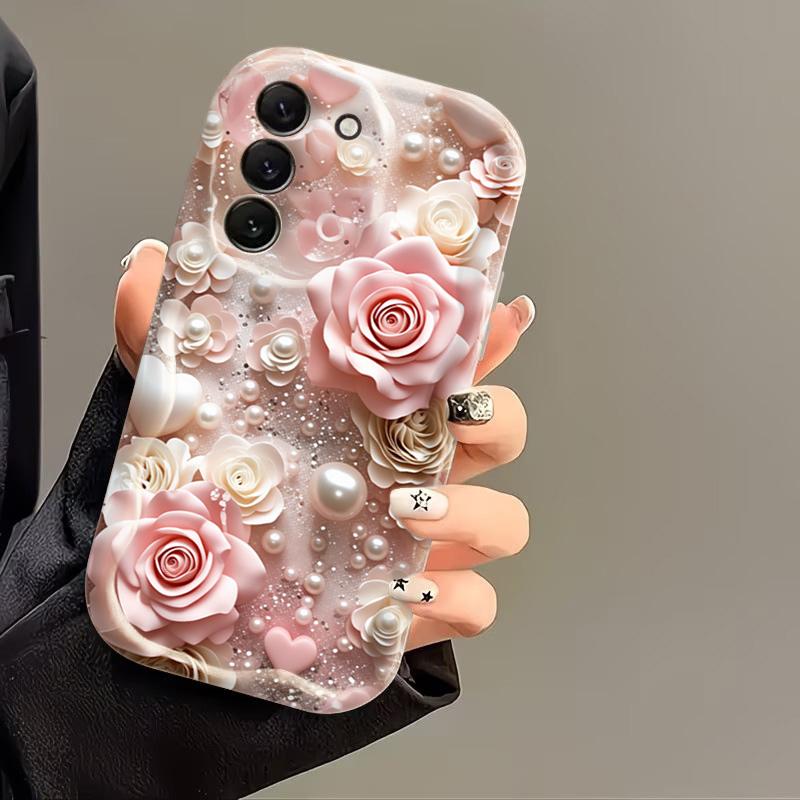 Phone Case For Samsung Galaxy S26 Ultra S25 S24 S22 S23 Plus FE A56 A55 A37 A36 A27 A26 A16 Pink Rose Flowers Cream Soft Cover