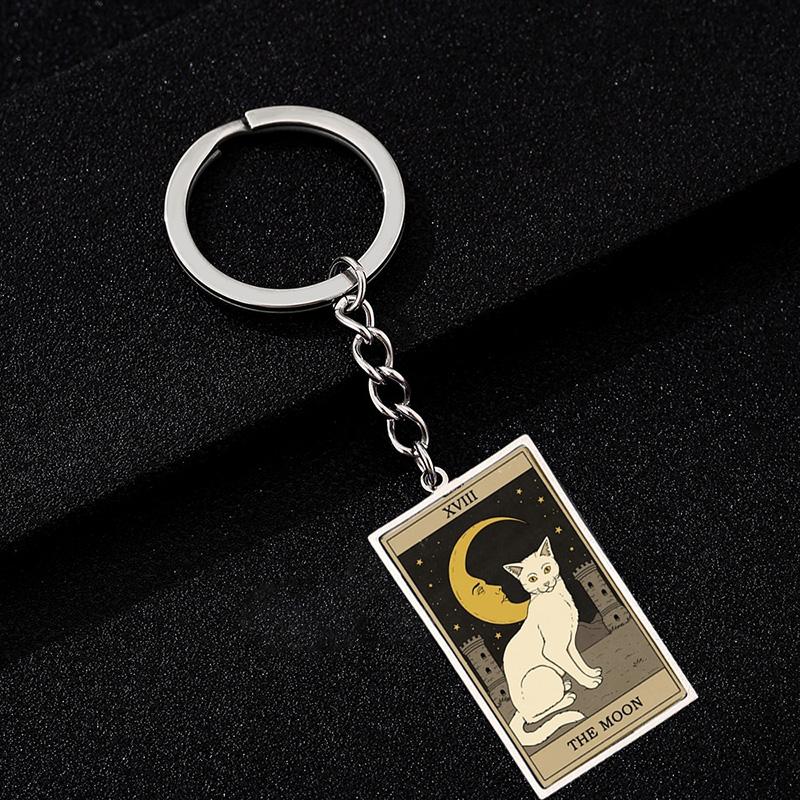 Cute Cat Tarot Card Keychain Vintage Rectangle Epoxy Stainless Steel Pendant Key Chain Animal Divination Jewelry