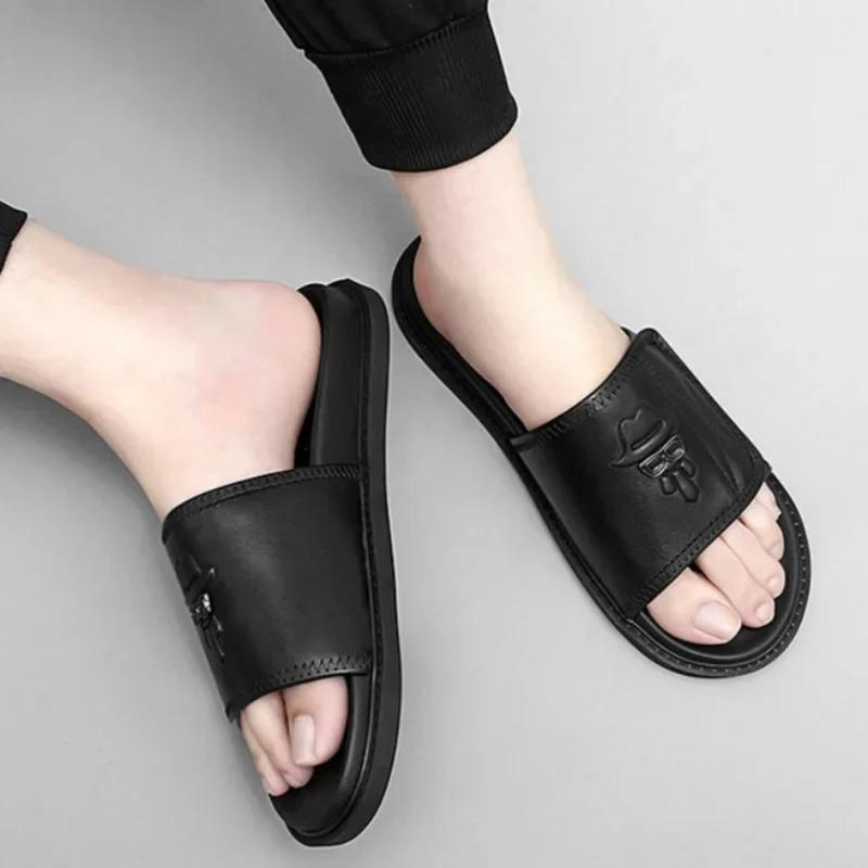 Genuine Leather Men's Slippers Original Brand Casual Slippers Fashion Outdoor Beach Sandals for Men Summer New Open Toe Slides