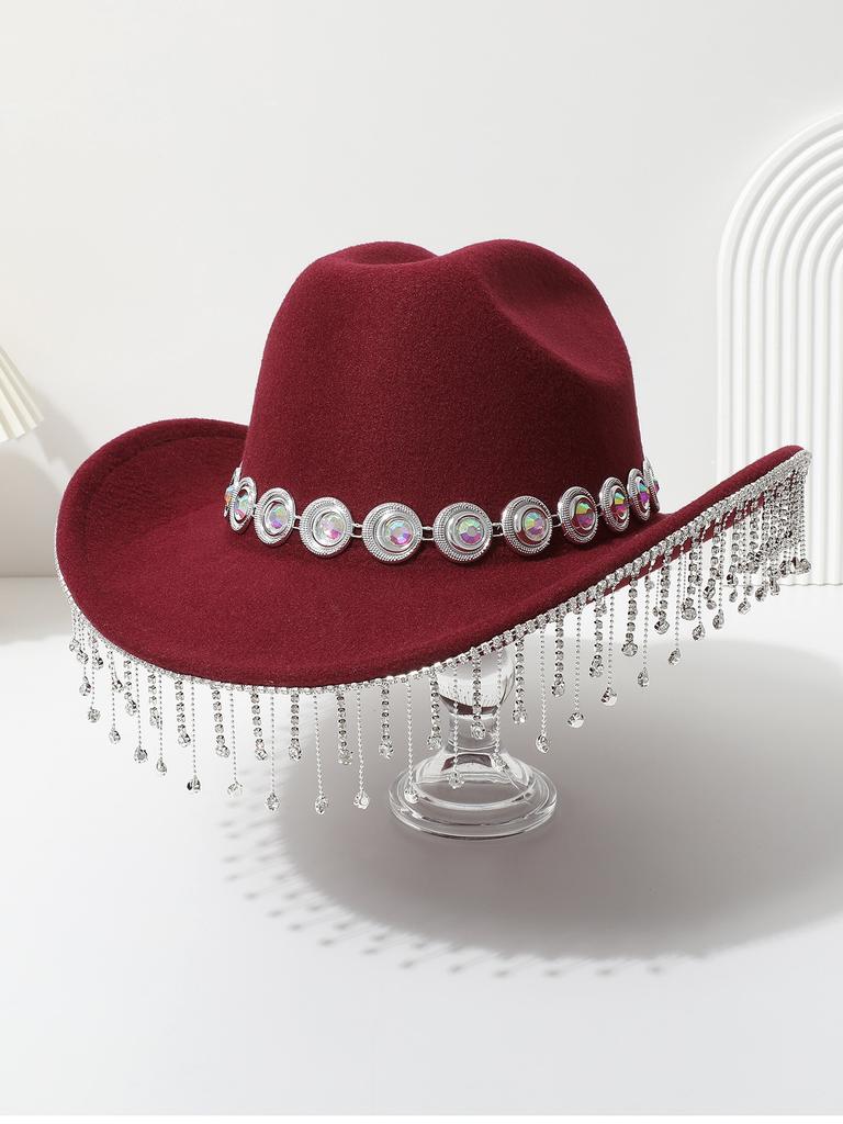 European and American crystal fringed western cowboy top hat festival party jazz hat felt hat