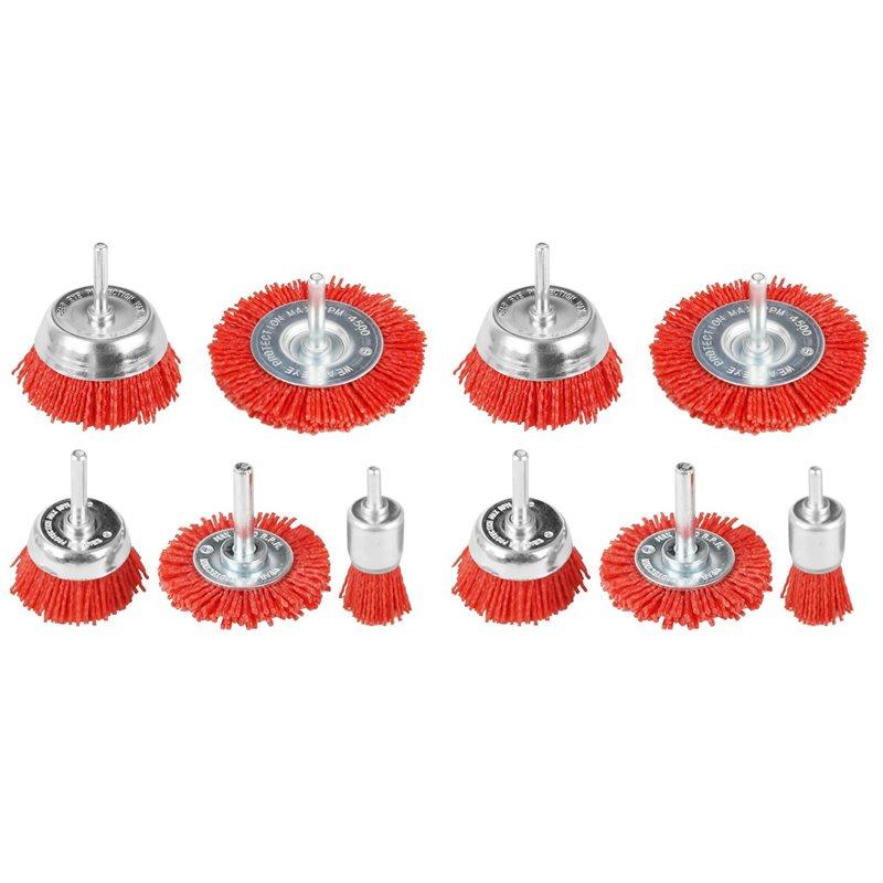 ABBP-10 PCS Nylon Filament Abrasive Wire Brush Wheel & Cup Brush Set With 1/4Inch Drill Shank, Nylon Drill Brush Set , Red