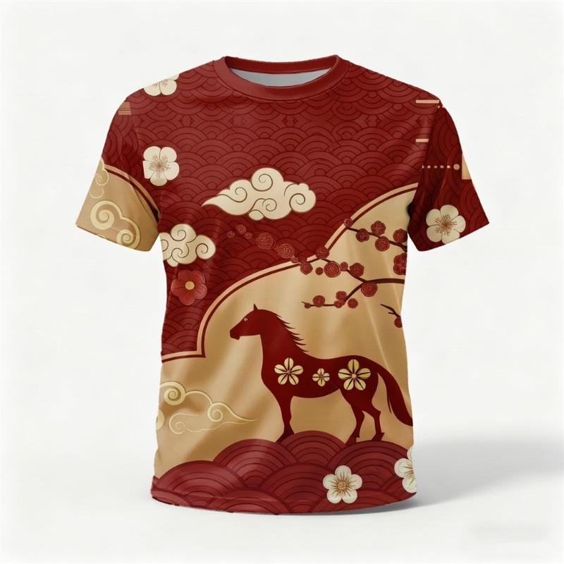 Happy New Year Year of The Horse T-shirt 3D Printing Quick-dry, Casual Crew Neck Short Sleeve T-shirt New Stylish Design