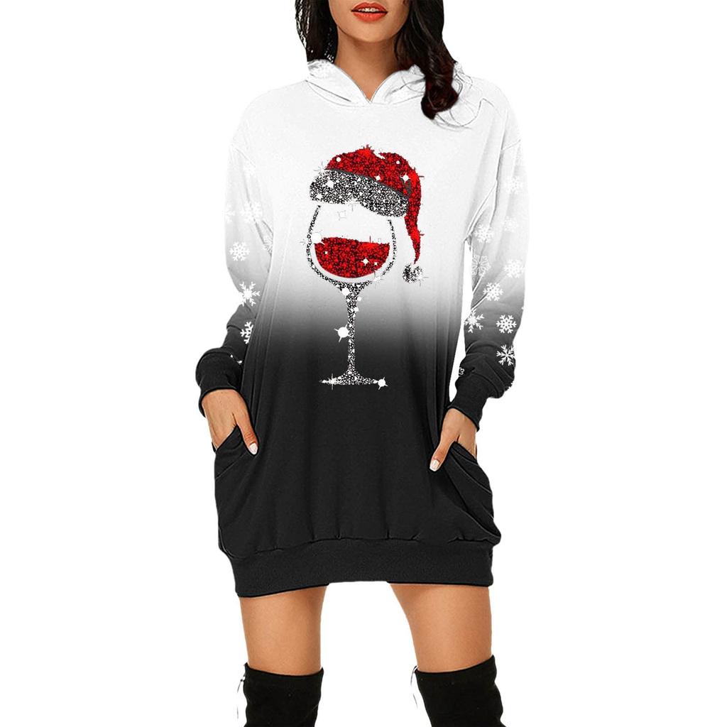Women's Fashion Christmas Printed Pockets Long Sleeve Hoodies Pullover Dress