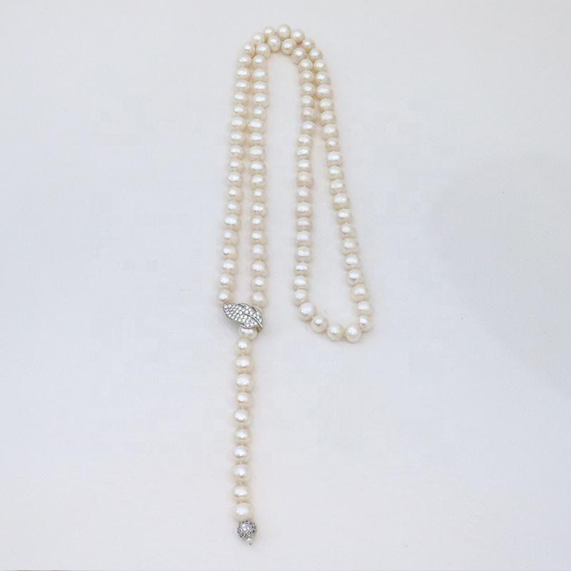 90cm Long Freshwater Pearl Necklace for Women Cubic Zirconia Leaf Shape Buttons and Sweater Chain