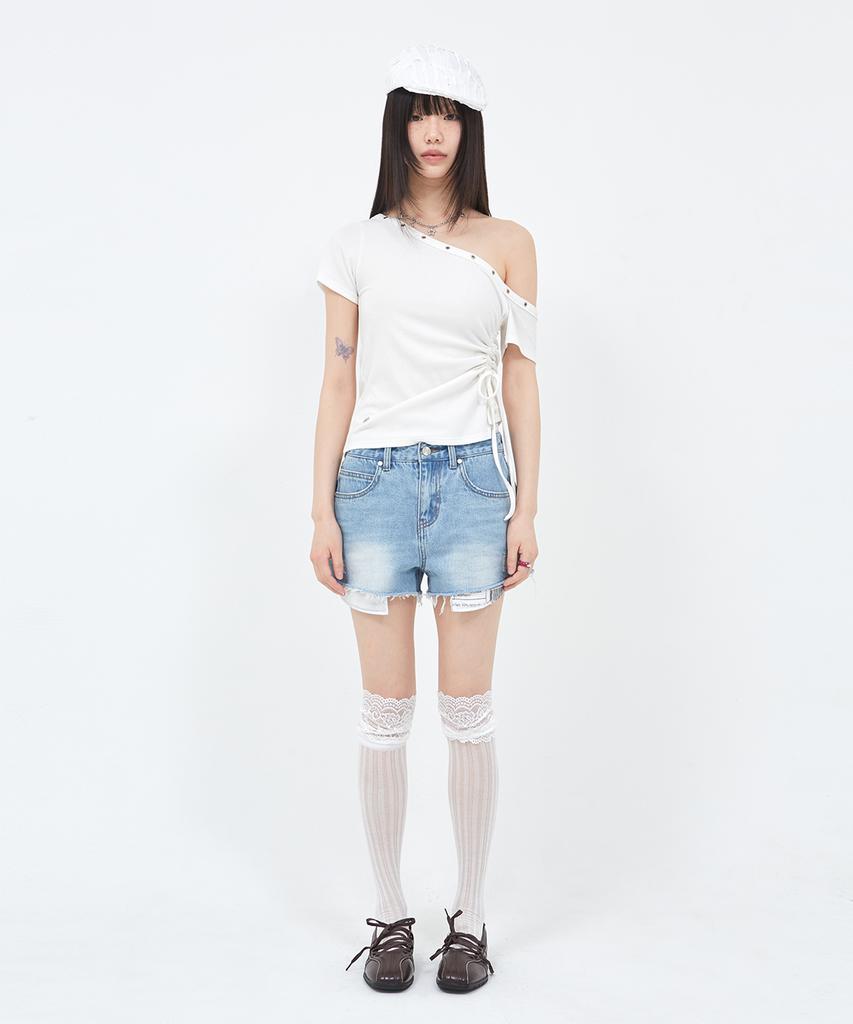Sekeondeusolteu Layered Damaged Washed Denim Shorts (Light Blue)