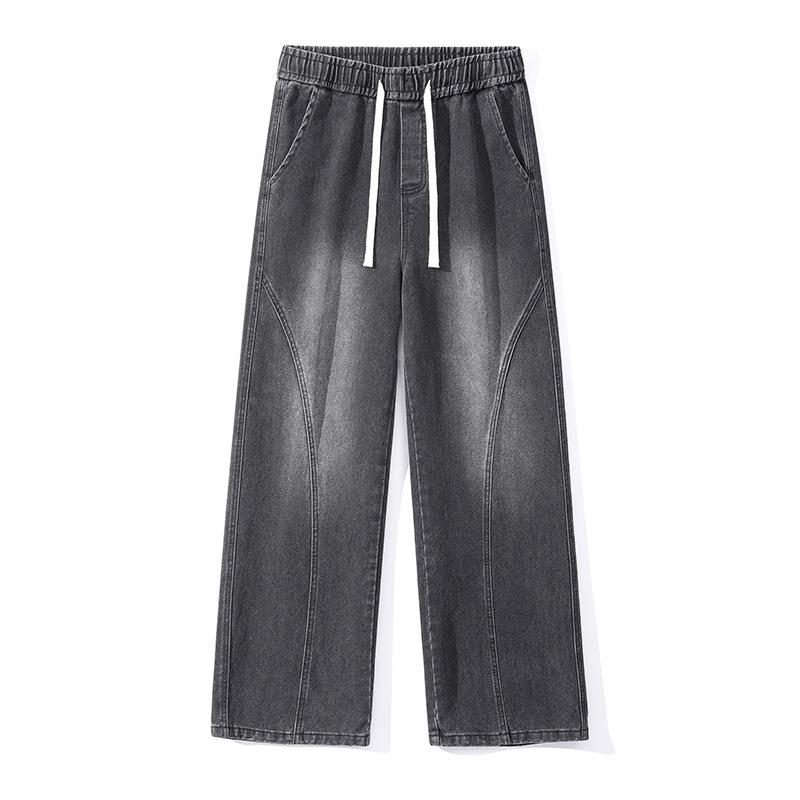 American High Street Trendy Brand Splicing Elastic Waist Jeans Men's Trend Versatile Loose Wide Legs Drape Straight Trousers
