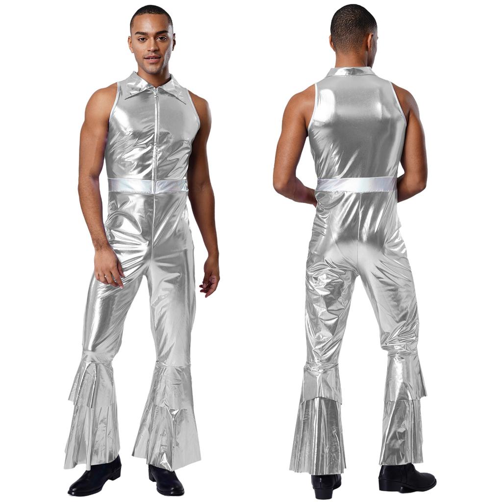 Mens 70s Jumpsuit Shiny Metallic Lapel Collar Sleeveless High Waist Flared Pants Disco Dance Singer Outfit