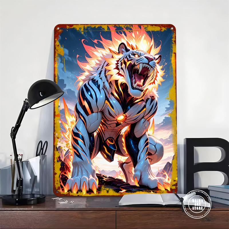 Fiery Tiger Warrior Tin Plaque Poster Customized Wall Art Retro Vintage Metal Signs for Man Cave Room Decoration Gaming Decor