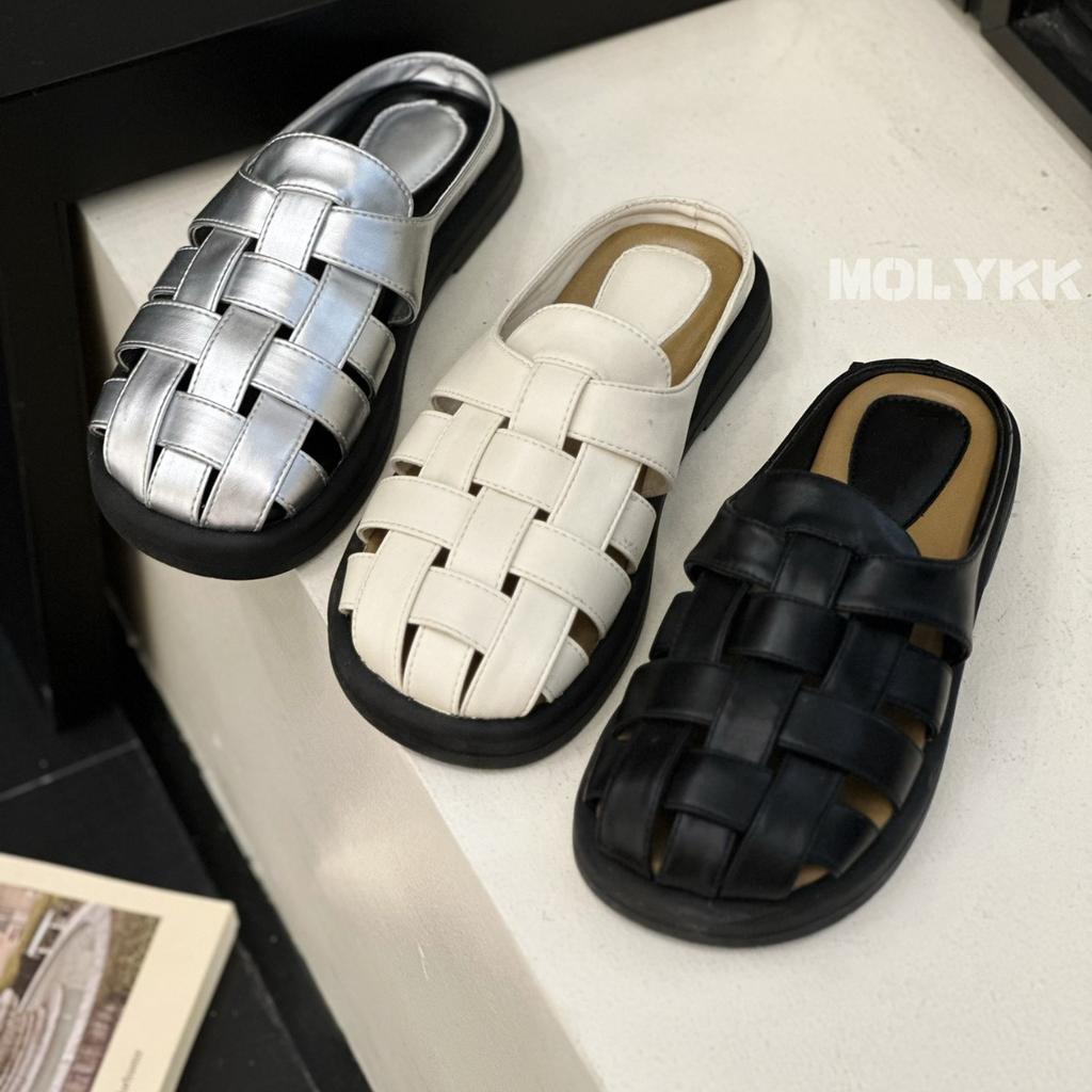 Baotou halvtofflor dam sommarplagg Muller vävda ihåliga tåsandaler gravida kvinnor platta franska sandaler