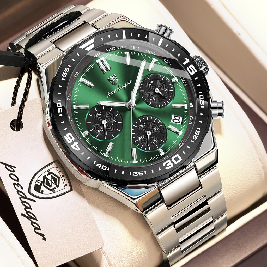 POEDAGAR Top Luxury Man Wristwatch Date Waterproof Luminous Chronograph Watch for Men Stainless Steel Quartz Watches Reloj