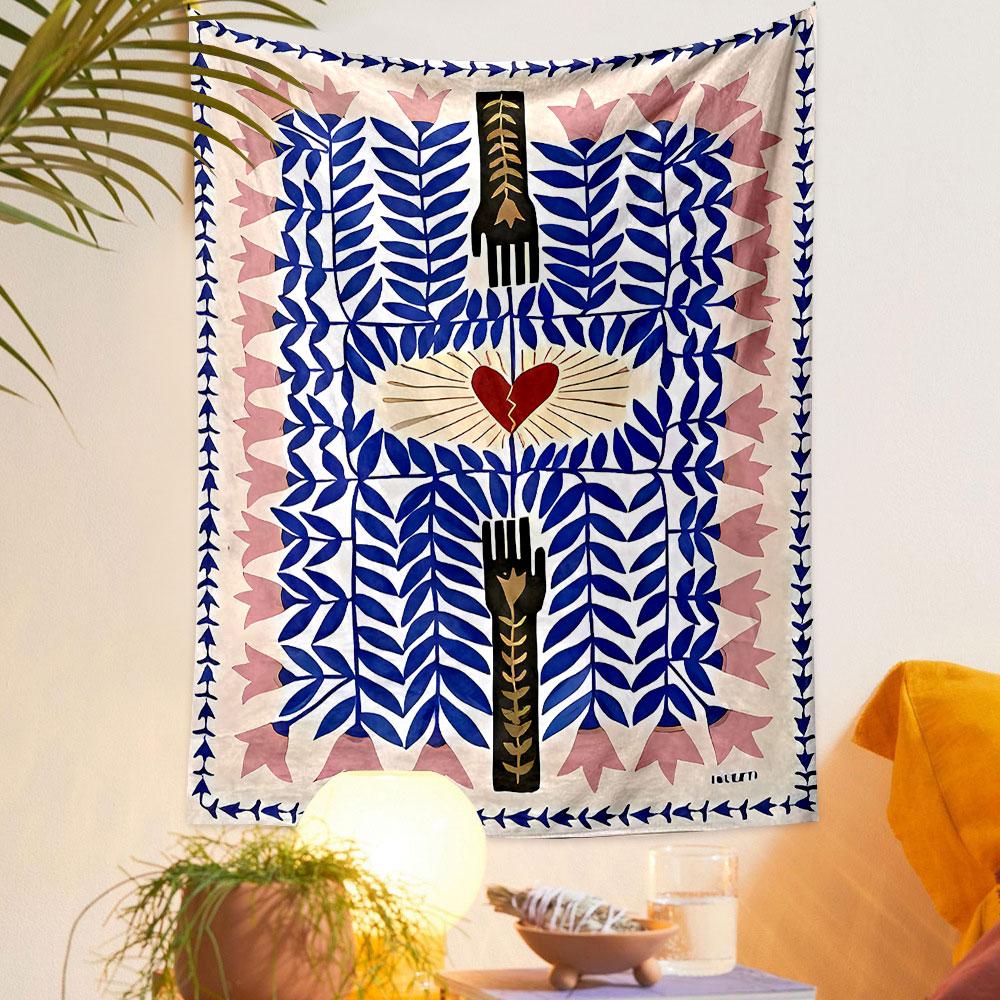 "Broken Heart with Hands and Leaves" Patterned tapestry home decor, suitable for bedroom and living room, gift