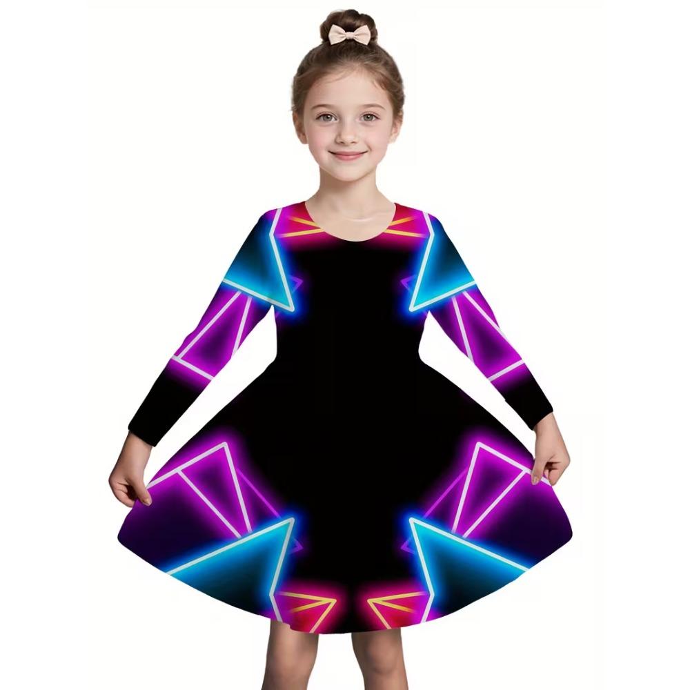 Girls' 3D Neon Triangle Dress Long Sleeve Summer Spring Vacation Daily Holiday Princess Beautiful Sweet Kids 4-12 Years Casual Dress A Line Dress