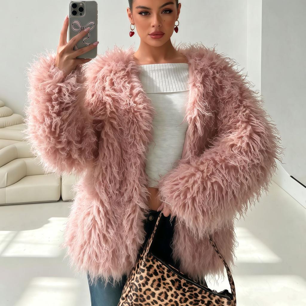Autumn and winter thickened long-haired beach sheep hair imitation fur jacket women's loose round neck fur coat women's clothing