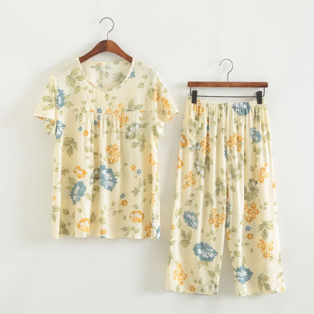 Baumwollseidenset Kurzarm-Caprihose für Damen mittleren Alters und ältere Frauen im Sommer, dünnes Oberteil, cooles Zuhause