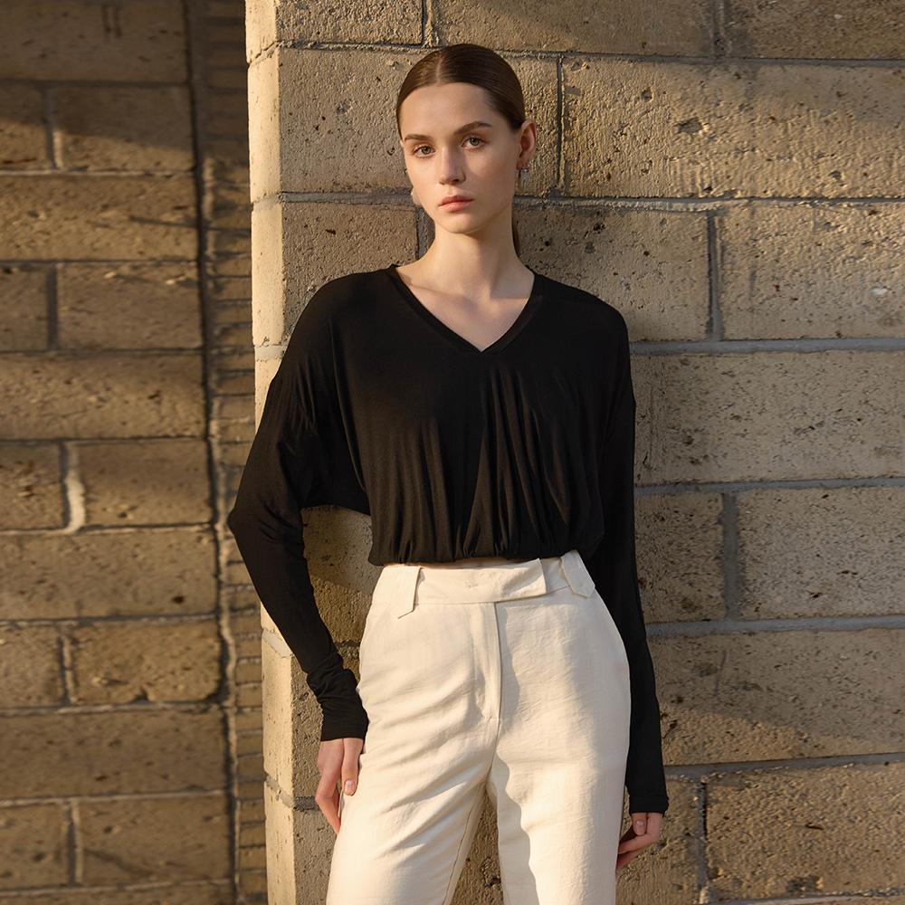 Waiwaiaiem Yy_V-Neck Dropped Shoulders Top_2Color