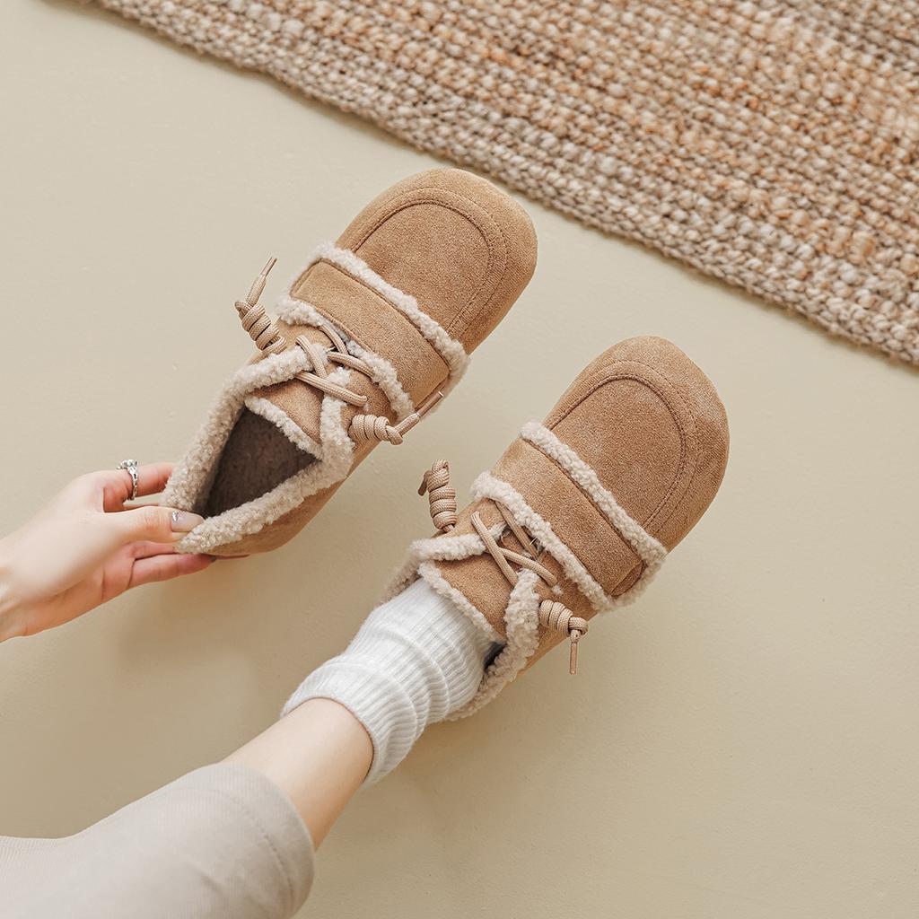 Retro color matching fleece shoes flat bottom fluffy single shoes women wear autumn and winter