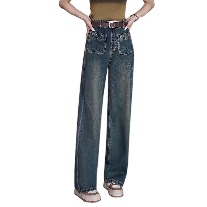 Women's Cement Gray High-Waist Slim Jeans with Stylish Pockets - Spring/Autumn Loose Wide-Leg Floor-Length Trousers