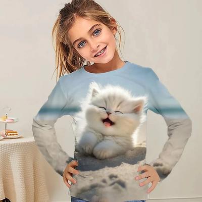 Children's Clothing Girl T-Shirts Long Sleeve Cute Cat 3D Print Casual Kids Spring Fall Clothes Girl Cartoon T-Shirts