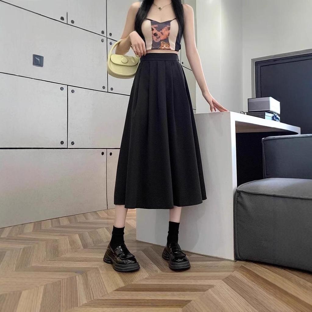 White Pleated A-line Summer Midi Skirt for Women - Slimming and Trendy High Waist Umbrella Design, 2025 New