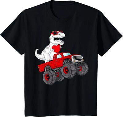 Valentines Day T Rex Riding Monster Truck Funny Toddler Boys T-Shirt