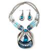 Women Fashion Water-drop Faux Sapphire Dangle Ear Studs Necklace Jewelry Set