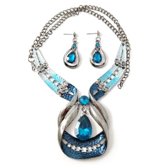 Women Fashion Water-drop Faux Sapphire Dangle Ear Studs Necklace Jewelry Set