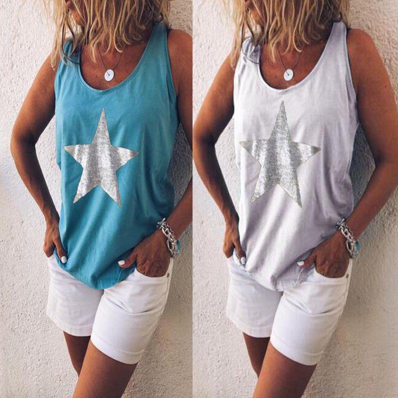 Stylish Plus Size Women Sleeveless Star Print T-shirt In Five Vibrant Colors