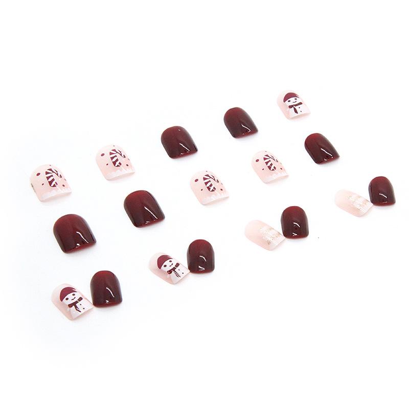 short white red wear armor New Year's Christmas fake nails cute snowman powder through nail art wholesale