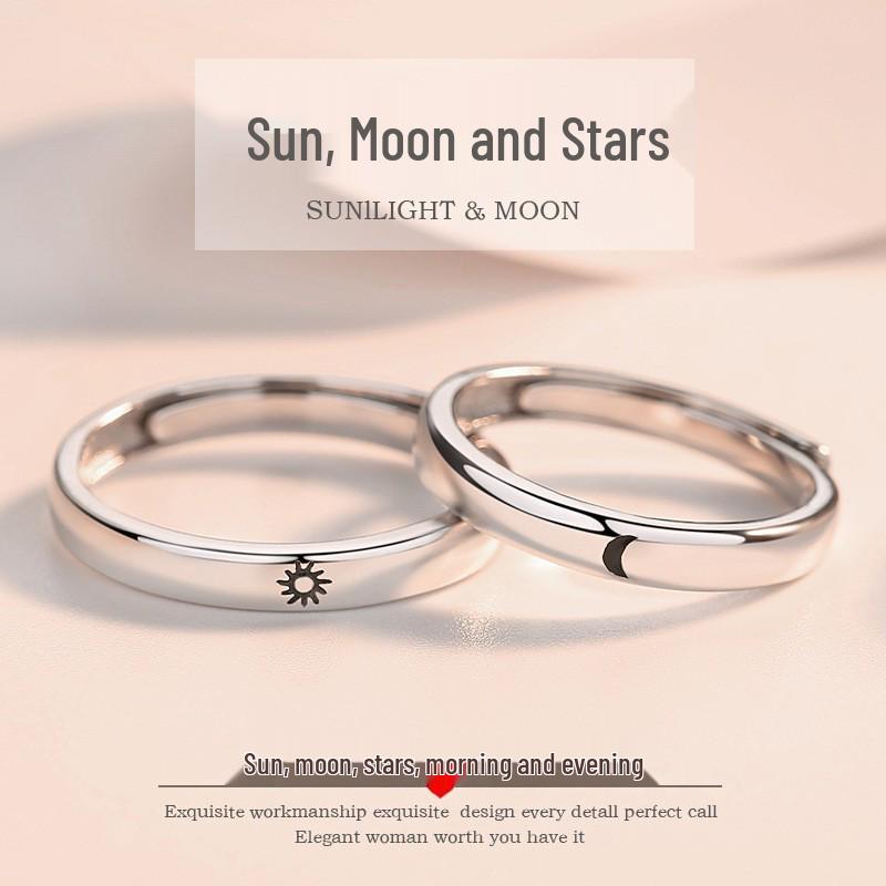 Sun and Moon Adjustable Sterling Silver Couple Rings for Men and Women Sun