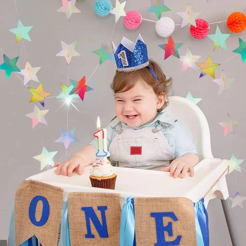 Girls Boys Baby Shower Laser Silver Star Paper Garland Banner Christmas Wedding Birthday Theme Holiday Party Hanging Decoration