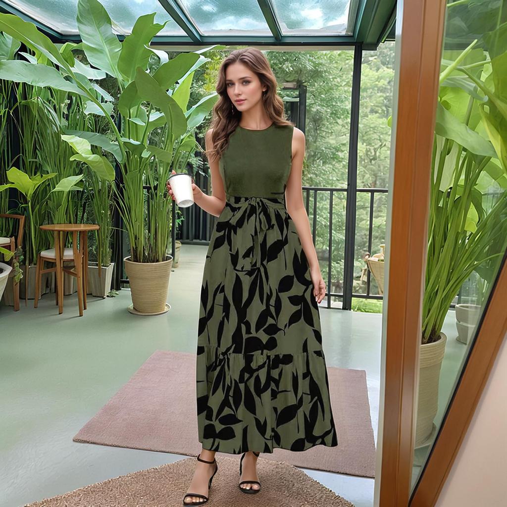 Women's Floral Print High Waist Fashionable And Elegant Sleeveless Dress