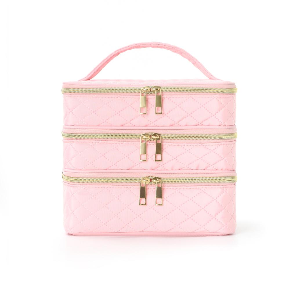 3 Layer Large Capacity Cosmetic Bag Quilted Multifunctional Portable Handbag for Women College Students Travel Dormitory