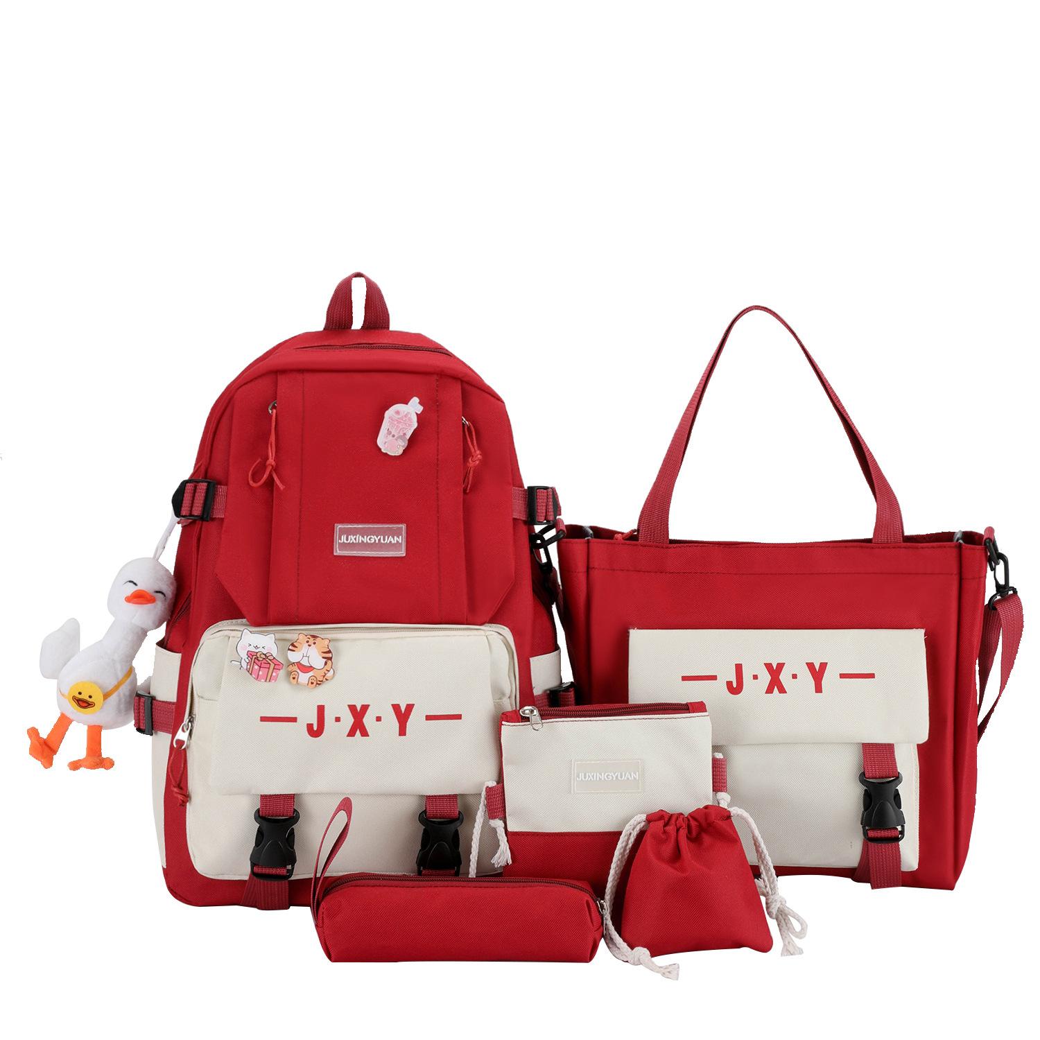 

Рюкзак Новый Простой Повседневный Пятисекционный Пэчворк Большой Вместимости Модный Маленький Свежий Милый Студенческий Школьный Рюкзак with pendant красный