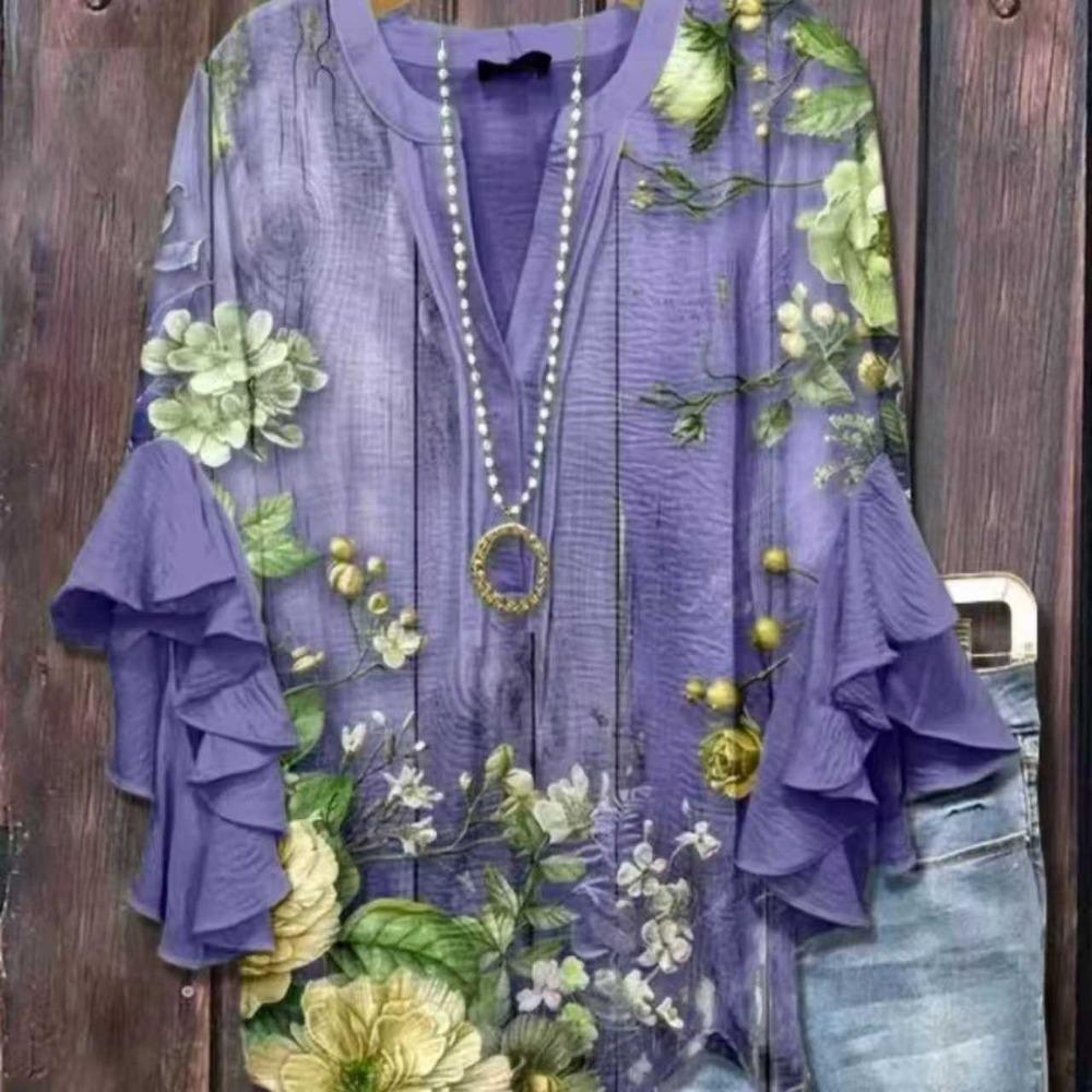 Large Women's Bohemian V-neck Shirt with Ruffle Sleeves, Grey Brown Floral Print Top, Casual Breathable Machine Washable Pullover