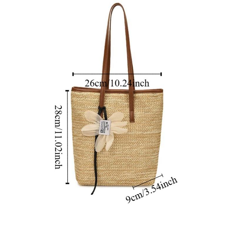 Bohemian Style Rainbow Woven Handbag with Flower Pendant Summer Bucket Bag  Shopping