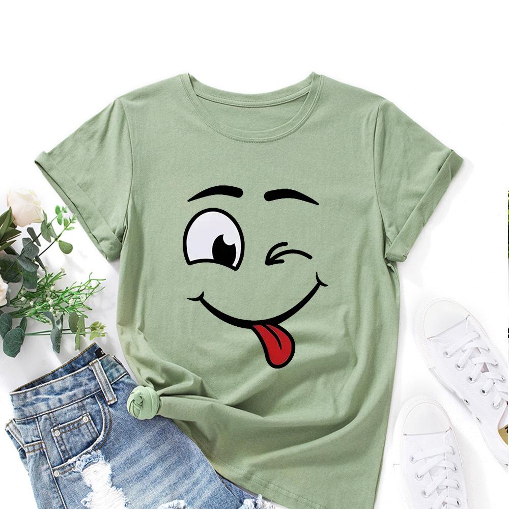 Cotton T-Shirt Short Sleeve Round Neck Women 2d Print Tops