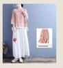 Women's Spring Cotton-Linen Top: Frog Buttons, Embroidered, Oblique Placket, 3/4 Sleeves, Pink/Yellow. Perfect for Tea Ceremonies.