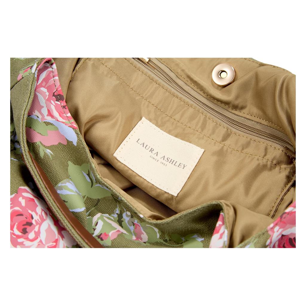 Laura Ashley Tote Bag, Cute and Stylish for Women, Floral Rose and Botanical Print, Elegant Green