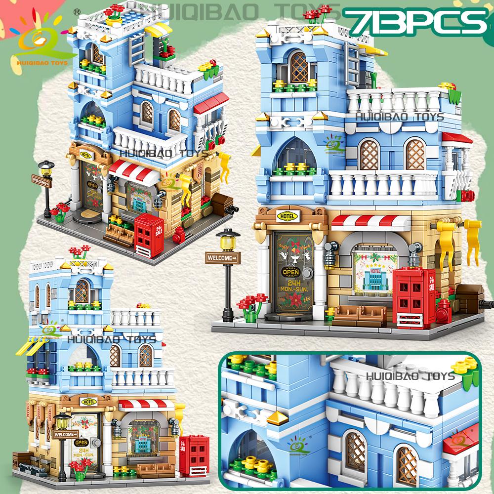 Non-Toxic City Street View Supermarket Coffee Burger Shop Hotel Model Building Blocks Diy Architecture Bricks Toys Adult Gift