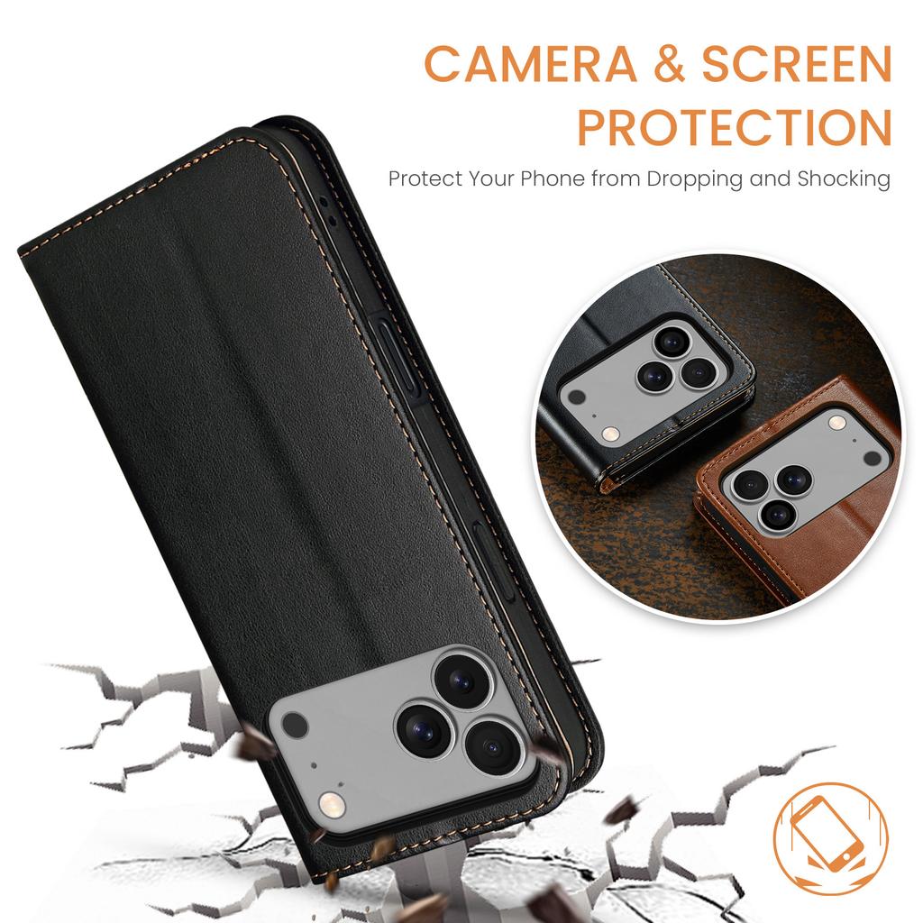FIERRE SHANN For iPhone 17 Pro Case PU Leather Flip Stand Wallet Phone Cover