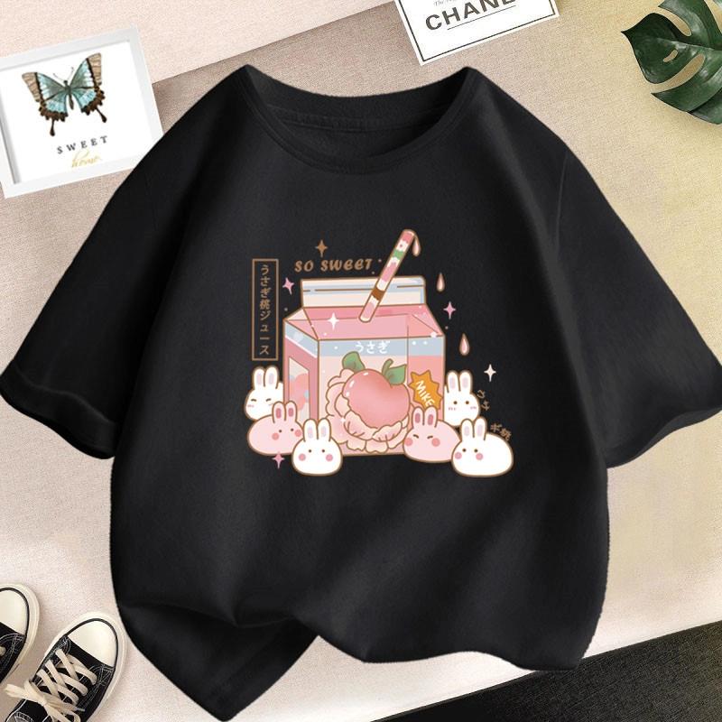 

Peach Yogurt Printed Teenage Children Colorful T-shirt Girls Casual Loose Cute Fashion Summer Short Sleeve Children Top Clothing 100cm чорний